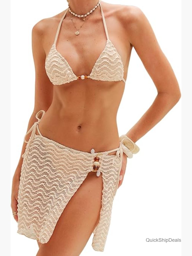 Halter Bikini Set With Triangle Top, Cheeky Bottoms And Cover Up Skirt